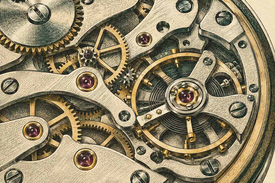 A close-up of an engraved watch movement